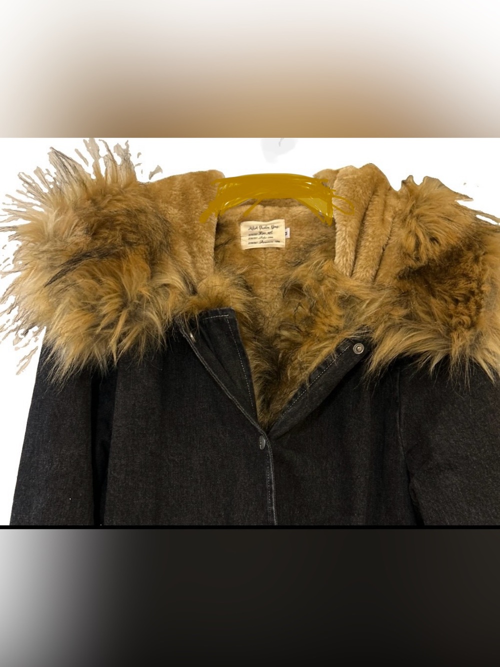 Denim by ASA Women’s Black Hooded Parka Coat Taupe Faux Fur Trim Size M - Picture 3 of 15